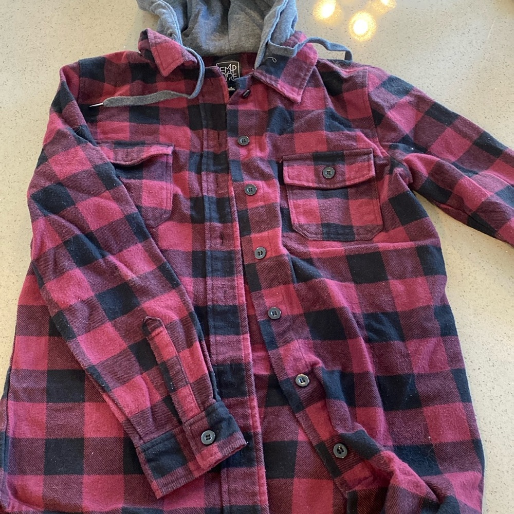 Red plaid button up with gray hood